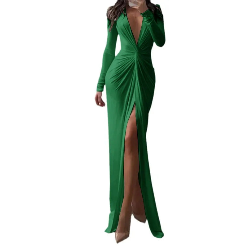 Chic Long Sleeve Pleated Slit Gown