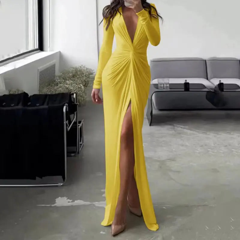 Chic Long Sleeve Pleated Slit Gown