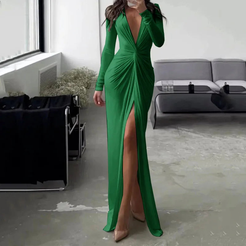 Chic Long Sleeve Pleated Slit Gown