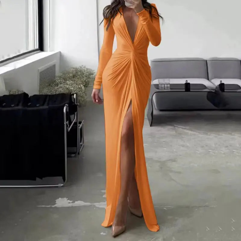 Chic Long Sleeve Pleated Slit Gown