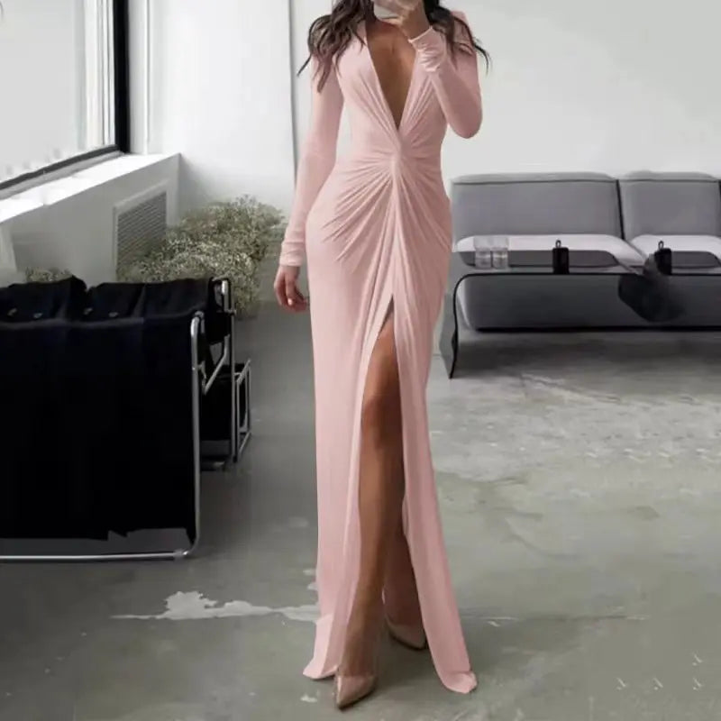 Chic Long Sleeve Pleated Slit Gown