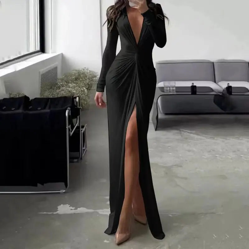 Chic Long Sleeve Pleated Slit Gown
