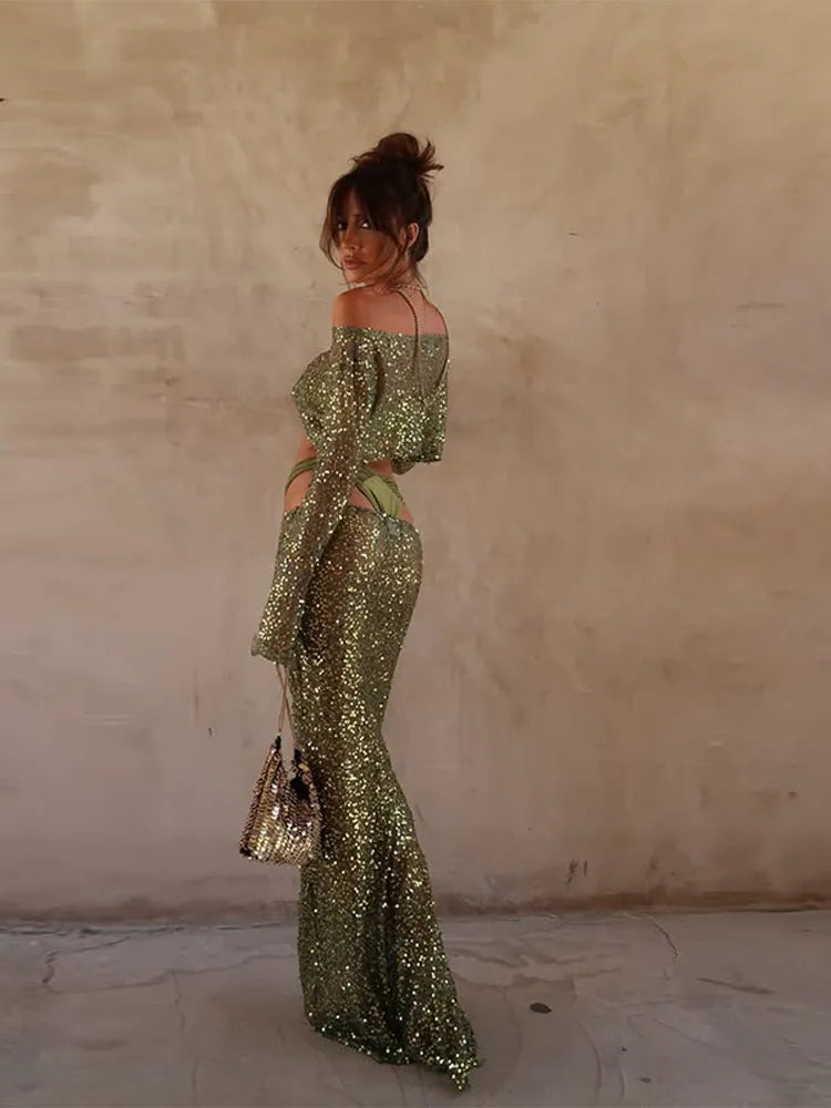 Shimmering Jade Crop & Skirt Duo