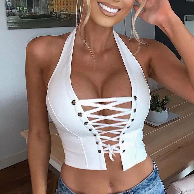 Faux Fierce Lace-Up Halter Crop