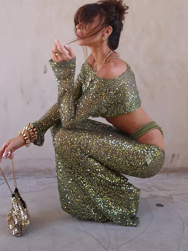 Shimmering Jade Crop & Skirt Duo