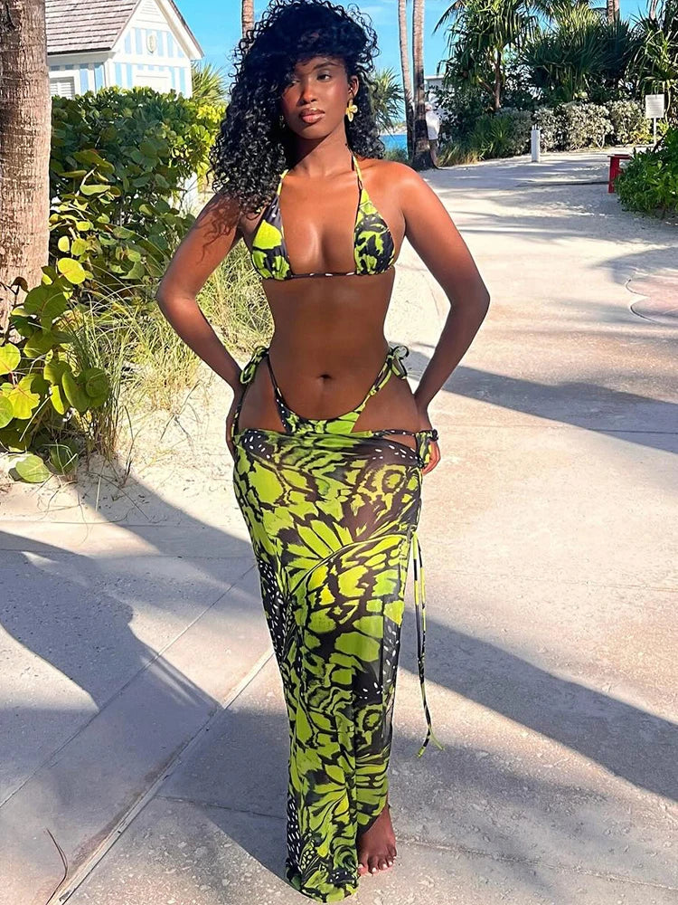 Lime Tease Halter Bikini & Flirty Skirt Set