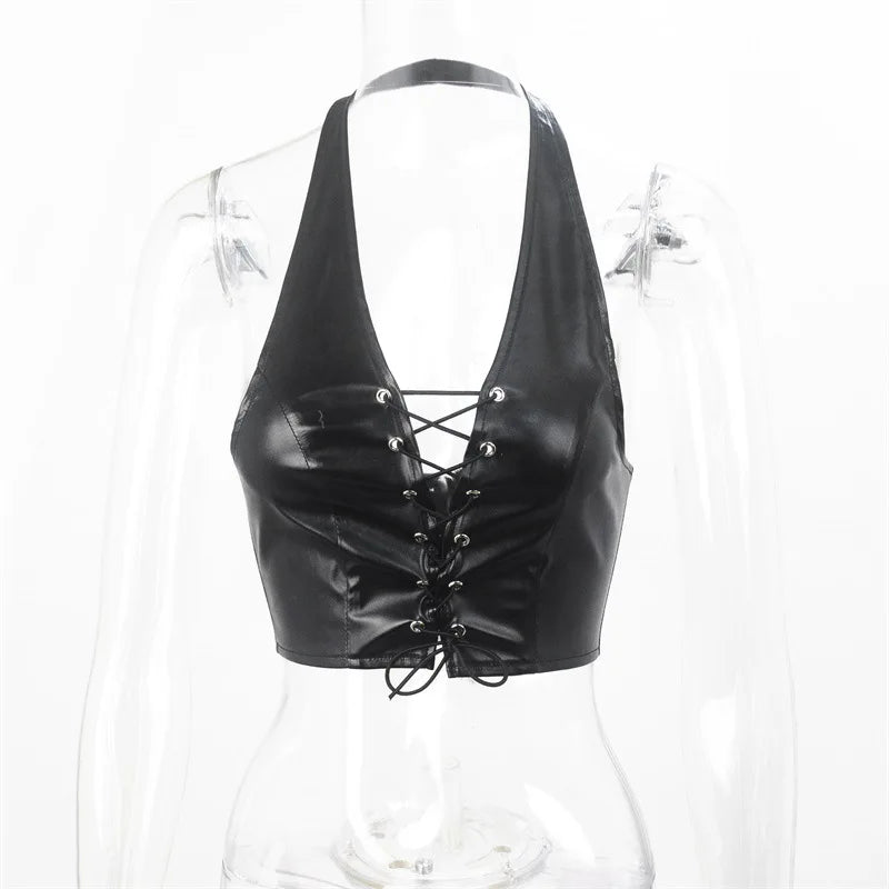 Faux Fierce Lace-Up Halter Crop