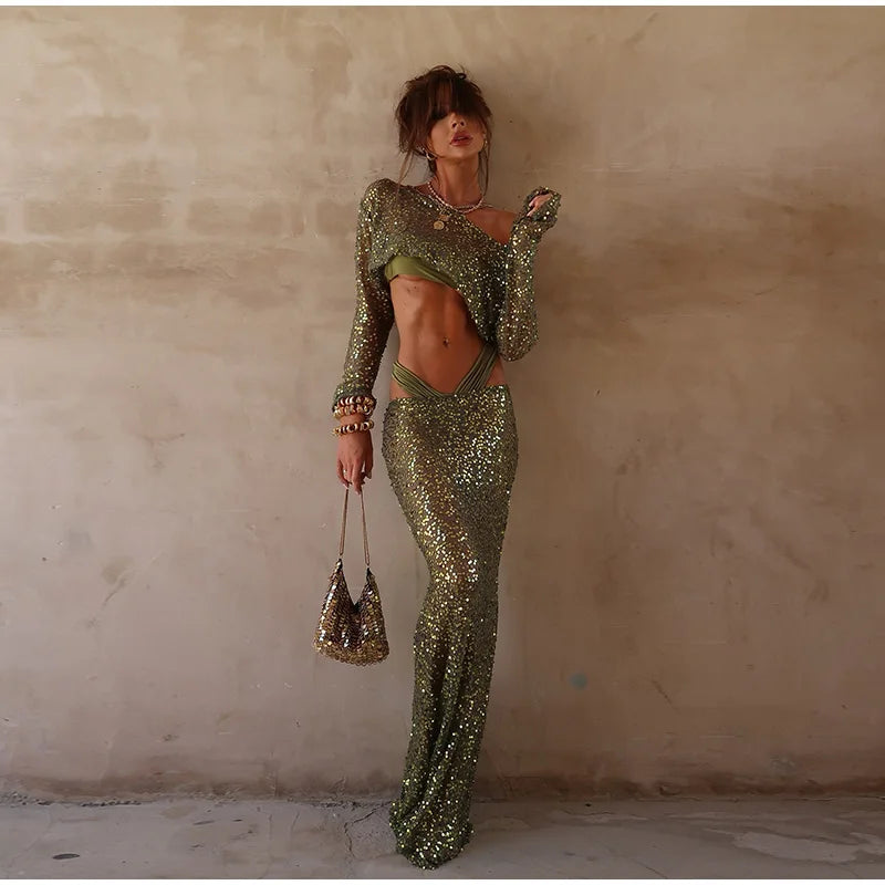 Shimmering Jade Crop & Skirt Duo