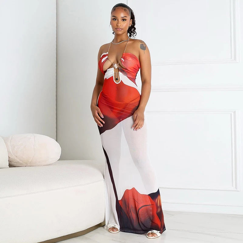 Sheer Floral Halter Maxi Gown