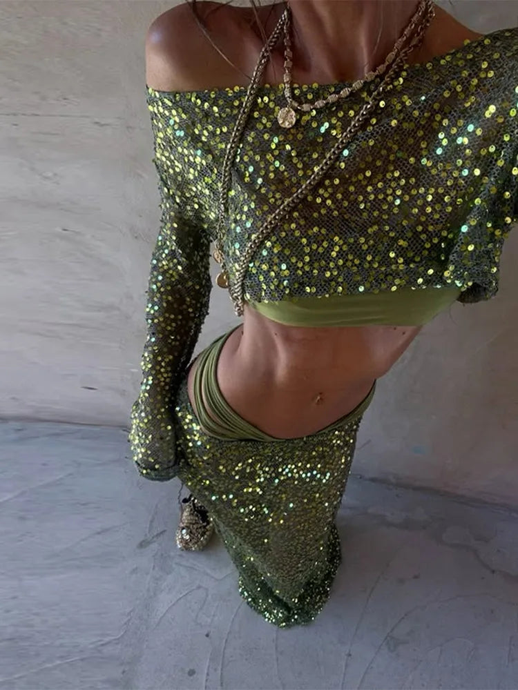 Shimmering Jade Crop & Skirt Duo