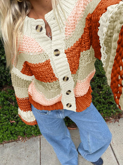 Cozy Striped Button-Up Cardigan - Dollella