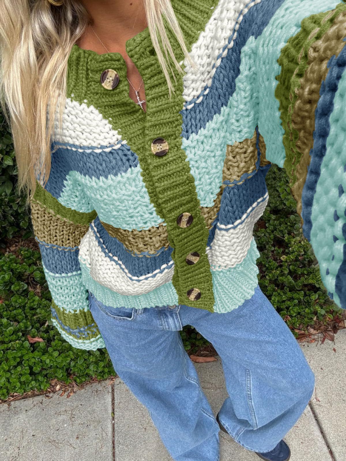 Cozy Striped Button-Up Cardigan - Dollella