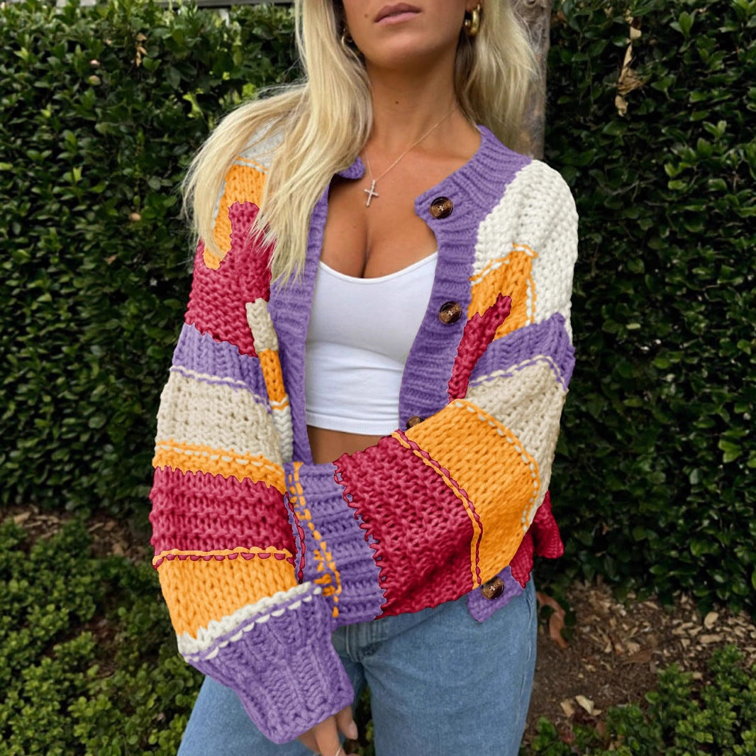 Cozy Striped Button-Up Cardigan - Dollella