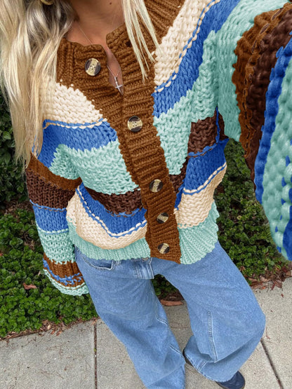 Cozy Striped Button-Up Cardigan - Dollella