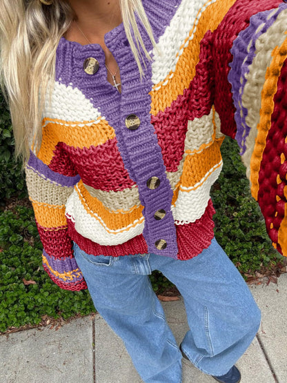 Cozy Striped Button-Up Cardigan - Dollella