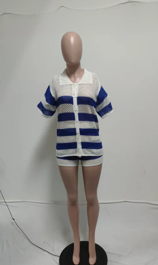 Breezy Blue Stripe Knit Shorts & Top Set