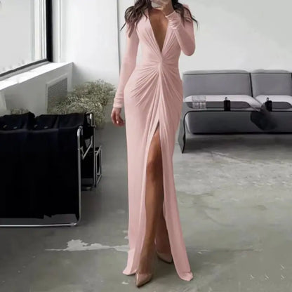 Chic Long Sleeve Pleated Slit Gown