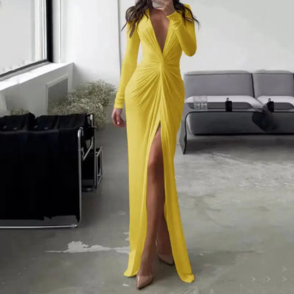 Chic Long Sleeve Pleated Slit Gown
