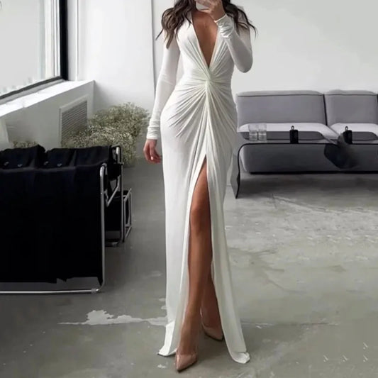 Chic Long Sleeve Pleated Slit Gown