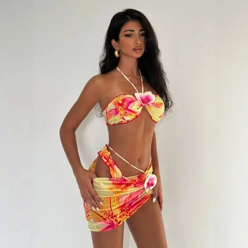 Pink Paradise Floral Bikini & Skirt Set