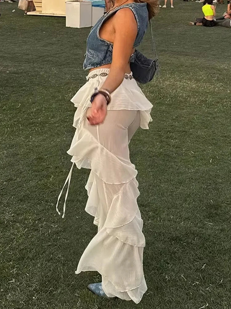 Sheer Ruffle Tiered Trousers - Dollella