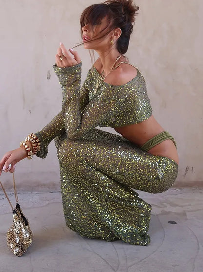 Shimmering Jade Crop & Skirt Duo