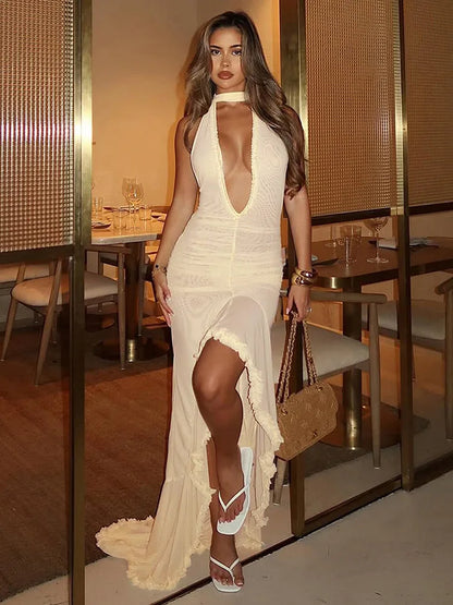 Ruffle Embrace Halter Maxi