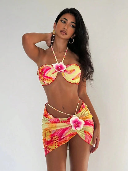 Pink Paradise Floral Bikini & Skirt Set