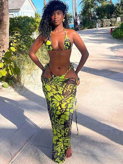 Lime Tease Halter Bikini & Flirty Skirt Set