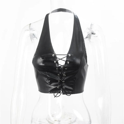 Faux Fierce Lace-Up Halter Crop