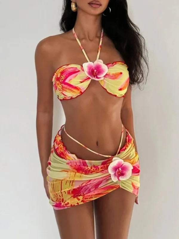 Pink Paradise Floral Bikini & Skirt Set