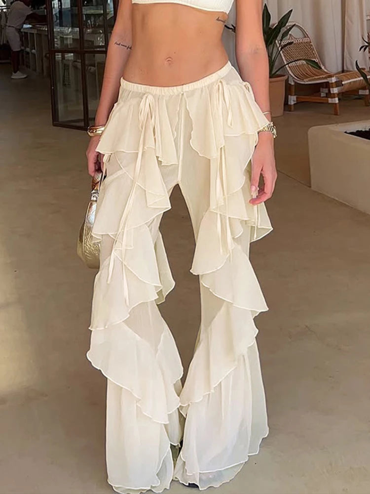 Sheer Ruffle Tiered Trousers - Dollella