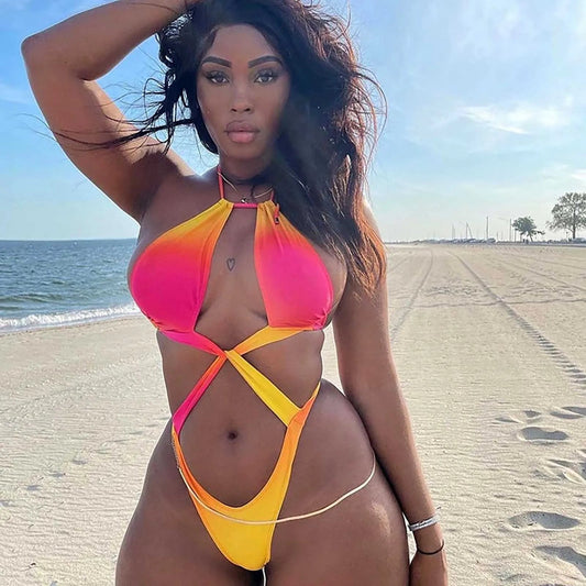 Ombre Cutout Halter Swimsuit Dollella