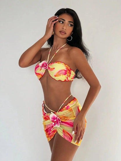 Pink Paradise Floral Bikini & Skirt Set