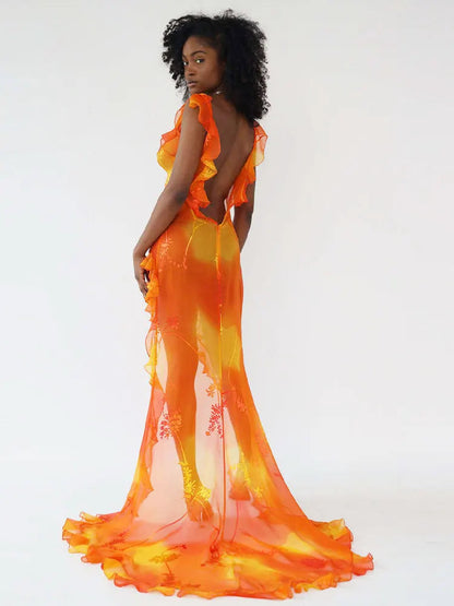 Tangerine Ruffle Mesh Maxi Dollella