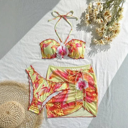 Pink Paradise Floral Bikini & Skirt Set