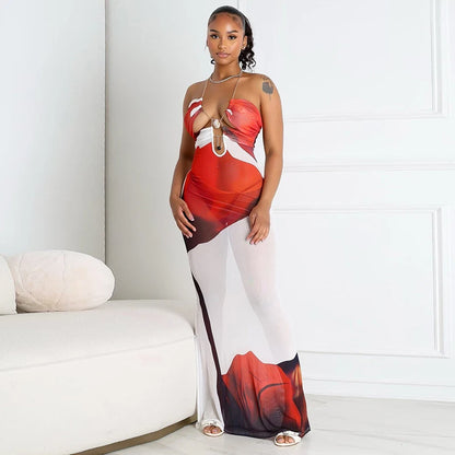 Sheer Floral Halter Maxi Gown