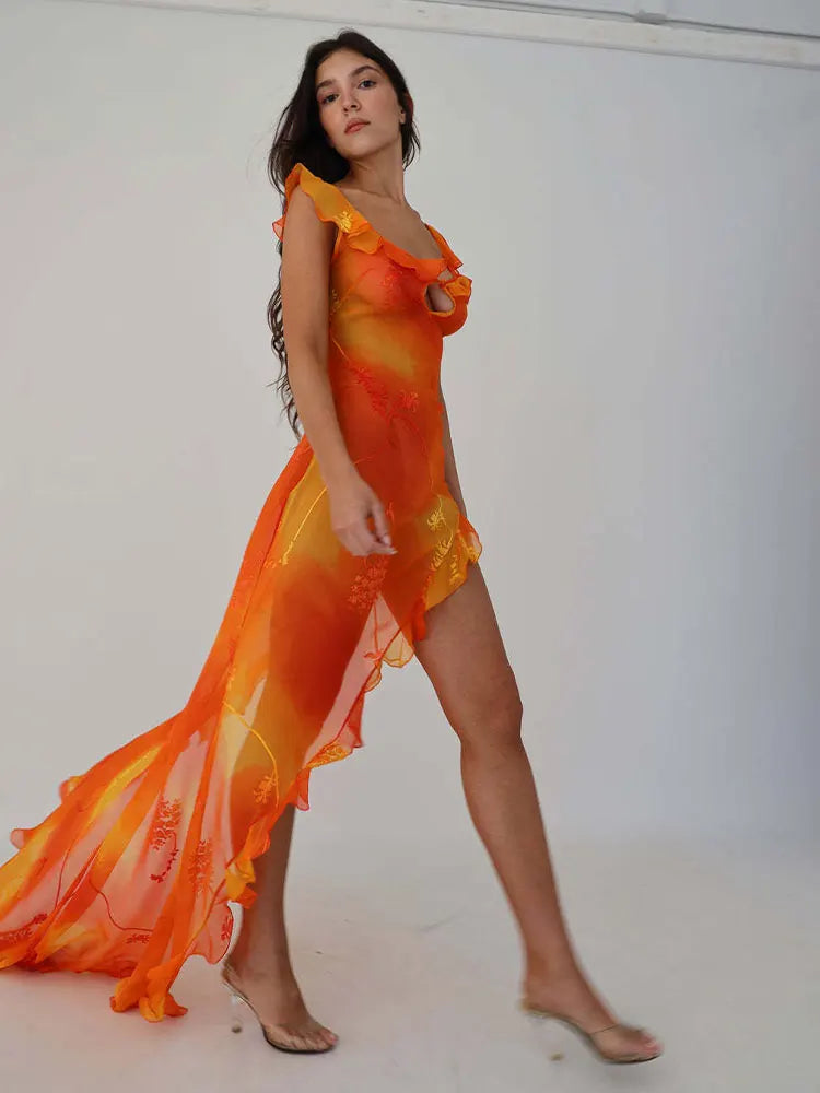 Tangerine Ruffle Mesh Maxi Dollella