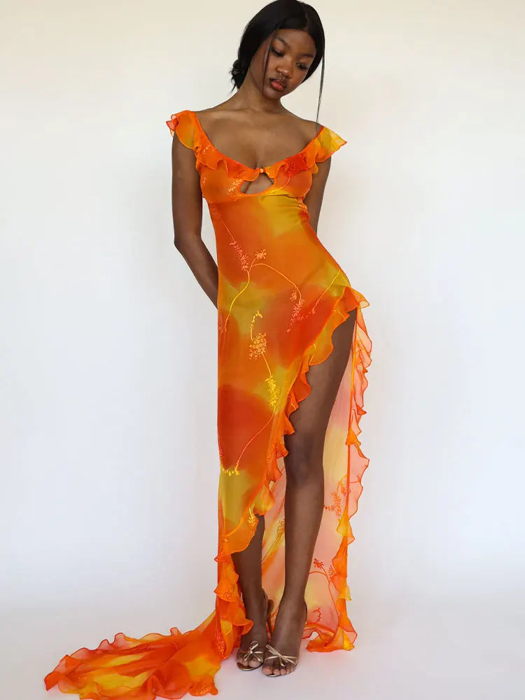 Tangerine Ruffle Mesh Maxi Dollella