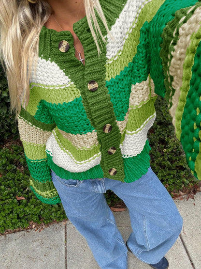 Cozy Striped Button-Up Cardigan - Dollella