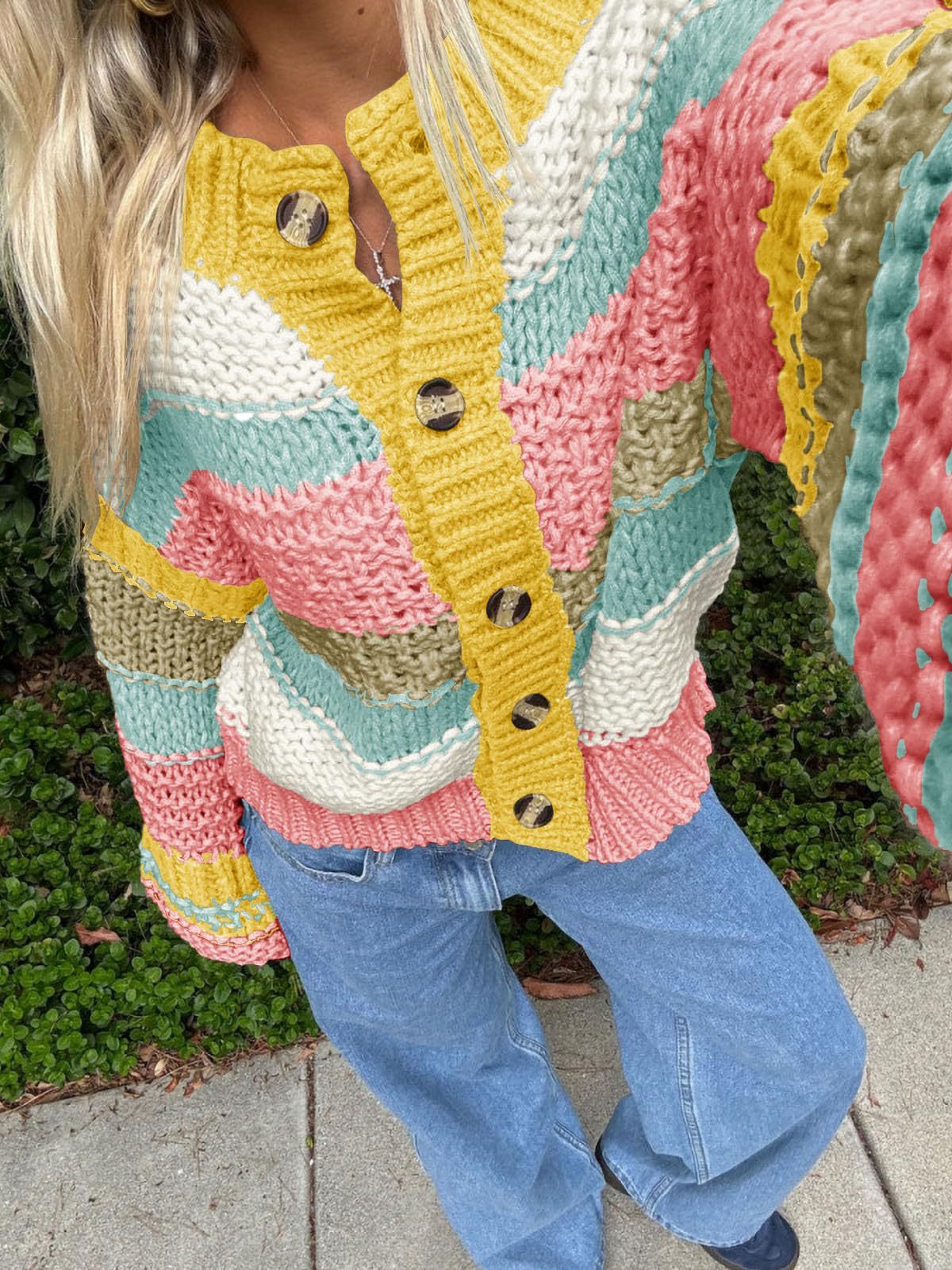 Cozy Striped Button-Up Cardigan - Dollella